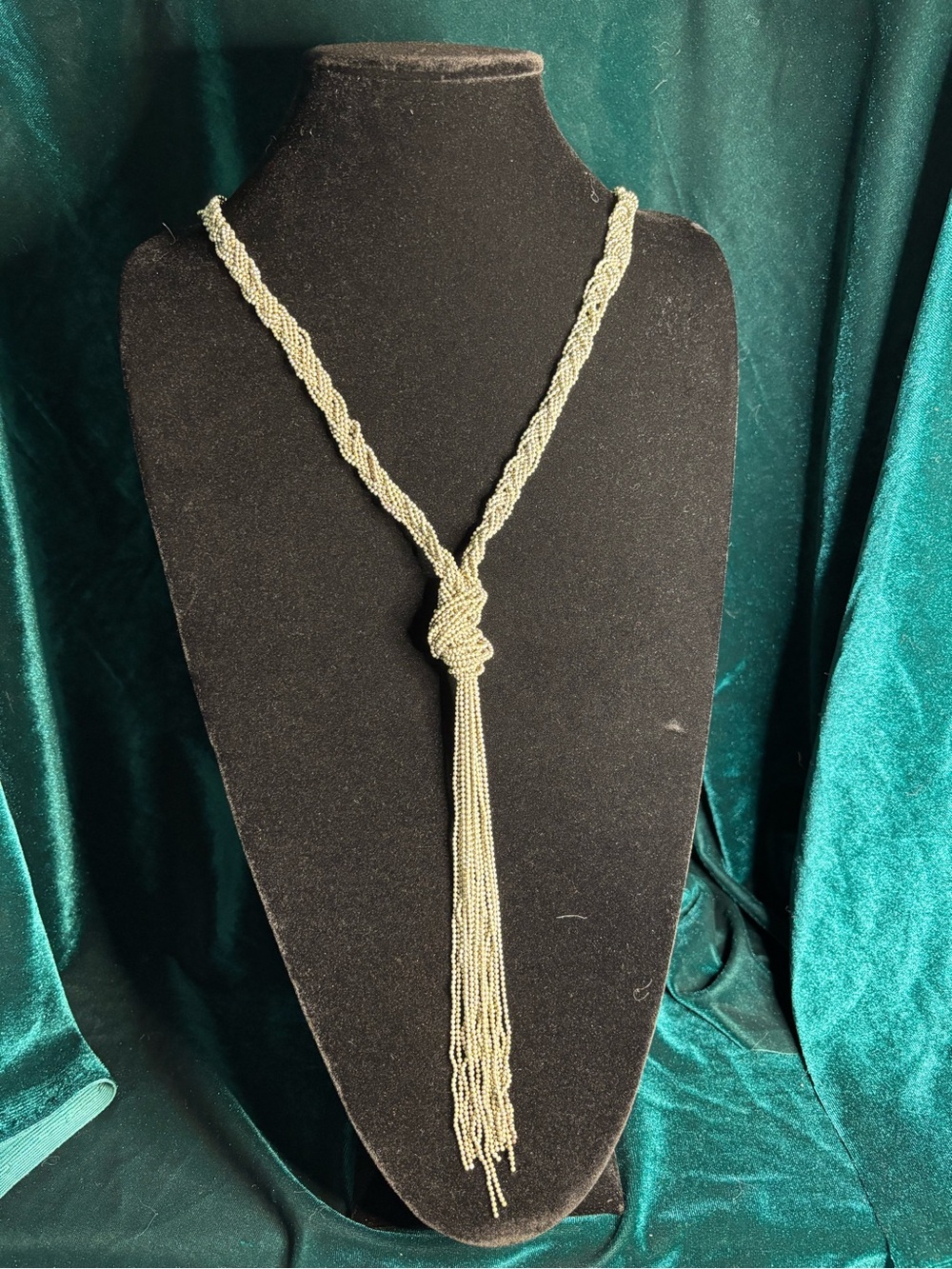 Silver tone Beaded Knot Lariat Necklace. Long